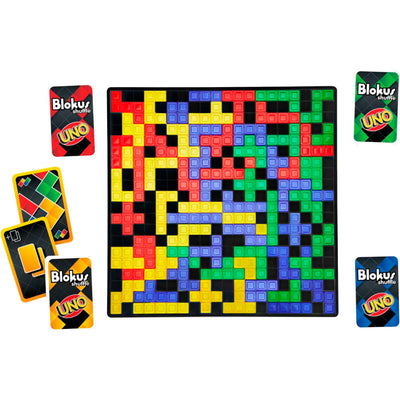 BLOKUS SHUFFLE Z KARTAMI UNO GRA PLANSZO - widok 2 opakowania szczegoly zabawka kolekcja