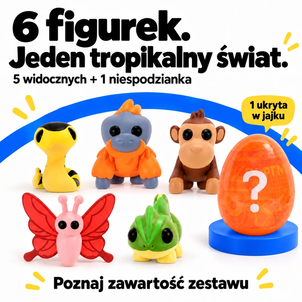6 figurek. Jeden tropikalny świat. Pięć widocznych zwierzaków i jedna niespodzianka w jajku.