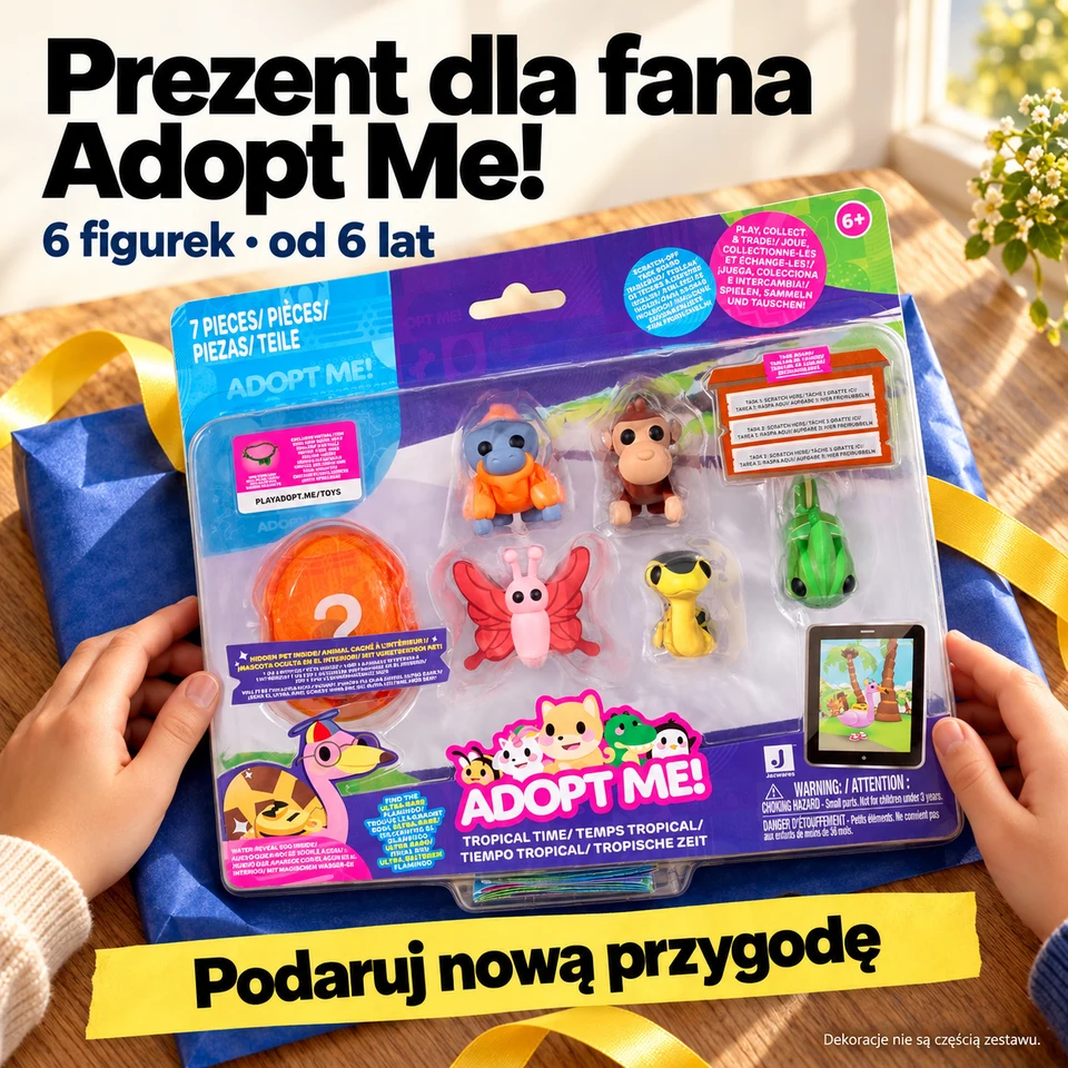 Prezent dla fana Adopt Me! Sześć figurek, od 6 lat. Dekoracje nie są częścią zestawu.
